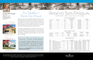 Jennifer Teti-Burroughs                         Your Neighbor in                                                        RANCHO SAN PASQUAL
Realtor®, RMS, MA

858.521.7277
JennBurroughs@gmail.com
                                               Rancho San Pasqual                                                                                       Real Estate Market Update Presented by Jennifer Teti-Burroughs
                                                                                                                                                                                                          Homes Currently Available
www.REontheMove.com
DRE #01400503                          Realizing your home is one of the largest investments you will ever make, I                                                                                                                    E s tim a te d                                                                       D ays on
                                                                                                                        Lis t S ta tu s                     B e d ro o m s                            B a th s                      S q u a re F e e t                           Lis t P rice                              M a rk e t
                                       believe keeping you informed about current market trends and values is one       A ctiv e                                   3                                    2 .0                               1,793                                 $392,900                                     18



    Just Sold
                                                                                                                        A ctiv e                                   5                                    3 .0                               2,366                                 $399,000                                     54
                                       of the greatest services I can provide. I have chosen this monthly Real Estate
                                                                                                                        A ctiv e                                   3                                    3 .0                               2,175                                 $399,000                                     18
                                       Market Update as my format to accomplish this objective. If you have any         A ctiv e                                   3                                    2 .0                               1,748                                 $410,000                                     79
                                                                                                                        A ctiv e                                   4                                    3 .0                               2,384                                 $439,000                                     373
                                       questions regarding any of the information contained herein or would like to     A ctiv e                                   3                                    2 .5                               2,169                                 $479,000                                     24
            d
        nte                            discuss the value of your property, please don’t hesitate to call me.
                                                                                                                        A ctiv e                                   4                                    3 .5                               2,279                                 $495,000                                      5
     eseers
   pr l
                                                                                                                        A ctiv e                                   4                                    3 .0                               2,587                                 $547,000                                     77
 Re Sel                                                                                                                 A ctiv e                                   4                                    3 .0                               2,840                                 $549,900                                     154
                                                                                                                        A ctiv e                                   4                                    3 .0                               2,931                                 $585,000                                     152
                                        Your feedback is greatly appreciated - please share with me any topics you      A ctiv e                                   4                                    3 .5                               2,931                                 $600,000                                     84

                                       would like included. Thank you for taking the time to read my Real Estate
                                                                                                                                                                                                         Homes Currently in Escrow
                                       Market Update. Should you know anyone outside our community who might
                                                                                                                                                                                                                     E s tim a te d                                                       O ff M a rk e t                    D ays on
                                       enjoy receiving a copy, please forward their address to me and I will add        Lis t S ta tu s                 B e d ro o m s                     B a th s                S q u a re F e e t                     Lis t P rice                        D a te                         M a rk e t
                                                                                                                        C o n tin g e n t                      3                             3 .0                        2,778                            $530,000                                                              62
                                       them to my mailing list.                                                         P e n d in g                           4                             2 .5                        1,876                            $435,876                           07/06/10                           12
      2230 Golden Oak Place                                                                                             P e n d in g                           4                             2 .5                        2,437                            $499,000                           08/01/10                           87
                                                                                                                        P e n d in g                           5                             3 .0                        2,678                            $500,000                           12/28/09                           13



         Pending                         Housing Trends eNewsletter                                                     Lis t
                                                                                                                                                                                                               Homes Recently Sold

                                                                                                                                                                                                                                       E s tim a te d                                S o ld                 C lo s e o f          D ays on
           ting                                                                                                         S ta tu s         A d d re s s                                      B e d ro o m s           B a th s        S q u a re F e e t        Lis t P rice          P rice             E s cro w D a te          M a rk e t
        en                                The Housing Trends eNewsletter contains the latest information
   p res yer                              from the National Association of REALTORS®, the U.S. Census
                                                                                                                        S o ld            2259 O rch a rd V ie w La n e                            4                   3 .0                2,546               $440,000            $460,000                07/19/10                  159
 Re Bu                                                                                                                  S o ld            2461 F a llb ro o k P la ce                              3                   2 .0                1,538               $419,000            $395,000                06/24/10                   55
                                          Bureau and Realtor.org reports, videos, key market indicators and             S o ld            3249 R o se w o o d Lan e                                4                   3 .0                2,840               $629,000            $605,000                06/24/10                   36
                                          real estate sales statistics, a video message by a nationally                 S o ld            2230 G o ld e n O ak P lace                              4                   3 .0                2,931               $575,000            $550,000                06/17/10                  164
                                                                                                                        S o ld            2451 T im b e r C re e k La n e                          4                   2 .5                2,569               $549,000            $515,000                05/03/10                   15
                                          recognized economist, maps, mortgage rates and calculators,
                                                                                                                        S o ld            2481 F a llb ro o k P la ce                              4                   2 .5                2,200               $459,000            $425,000                04/16/10                   49
                                          consumer articles, plus local neighborhood information and more.              S o ld            3354 W ild O ak P lace                                   4                   3 .0                2,931               $629,000            $550,000                04/07/10                   38
                                                                                                                        S o ld            2251 O rch a rd V ie w La n e                            5                   4 .0                3,444               $569,800            $550,000                03/30/10                   75
                                          Please go to www.REontheMove.com to view the latest                           S o ld            3025 S p ru ce w o o d La n e                            5                   3 .0                2,366               $449,000            $421,000                03/29/10                  274
                                                                                                                        S o ld            3103 O liv e K n o ll                                    4                   2 .5                1,876               $379,900            $379,000                03/16/10                   60
                                          Housing Trends eNewsletter.
                                                                                                                        S o ld            3151 F e rn cre e k La n e                               3                   2 .5                2,169               $479,000            $459,000                03/05/10                   12
        2418 Fallbrook Place                                                                                            Jennifer Teti-Burroughs and Windermere Exclusive Properties are not in any way affiliated with Rancho San Pasqual Owners Association, nor is this in any way an official advertisement or publication of Rancho San Pasqual.
                                                                                                                        Data from Sandicor, Inc. for April 1st, 2010 through July 9th, 2010 and represents properties listed or sold by various brokers. Sandicor MLS and Windermere Exclusive Properties do not guarantee and are not in any way
                                                                                                                        responsible for its accuracy, and data maintained may not reflect all real estate activity in the market. If your property is currently listed, this is not meant as a solicitation.




 This is the time to utilize a Realtor® with expertise, finesse, and unwavering commitment. As a resident,
 I know the distinctive Rancho San Pasqual market, and have effective strategies to get your house sold.
                      Call me to today for a no-obligation consultation. 858.521.7277                                                                                                                              Exclusive Properties
 