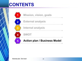 External analysis2
1 Mission, vision, goals
3 Internal analysis
CONTENTS
5 Action plan / Business Model
4 SWOT
Business pl...