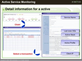 Detail information for a active  service Active Service Monitoring Select a transaction  Click! Service Name Active Profile Active Stack Client IP Last exec SQL 