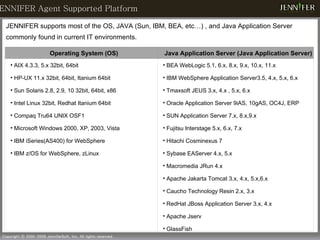 JENNIFER Agent Supported Platform  JENNIFER supports most of the OS, JAVA (Sun, IBM, BEA, etc…) , and Java Application Server commonly found in current IT environments. Operating System (OS) Java Application Server (Java Application Server) AIX 4.3.3, 5.x 32bit, 64bit  HP-UX 11.x 32bit, 64bit, Itanium 64bit Sun Solaris 2.8, 2.9, 10 32bit, 64bit,  x86 Intel Linux 32bit, Redhat Itanium 64bit Compaq Tru64 UNIX OSF1 Microsoft Windows 2000, XP, 2003, Vista  IBM iSeries(AS400) for WebSphere IBM z/OS for WebSphere, zLinux BEA WebLogic 5.1, 6.x, 8.x, 9.x, 10.x, 11.x  IBM WebSphere Application Server3.5, 4.x, 5.x, 6.x  Tmaxsoft JEUS 3.x, 4.x , 5.x, 6.x Oracle Application Server 9iAS, 10gAS, OC4J, ERP SUN Application Server 7.x, 8.x,9.x Fujitsu Interstage 5.x, 6.x, 7.x Hitachi Cosminexus 7  Sybase EAServer 4.x, 5.x Macromedia JRun 4.x  Apache Jakarta Tomcat 3.x, 4.x, 5.x,6.x Caucho Technology Resin 2.x, 3.x  RedHat JBoss Application Server 3.x, 4.x  Apache Jserv GlassFish 