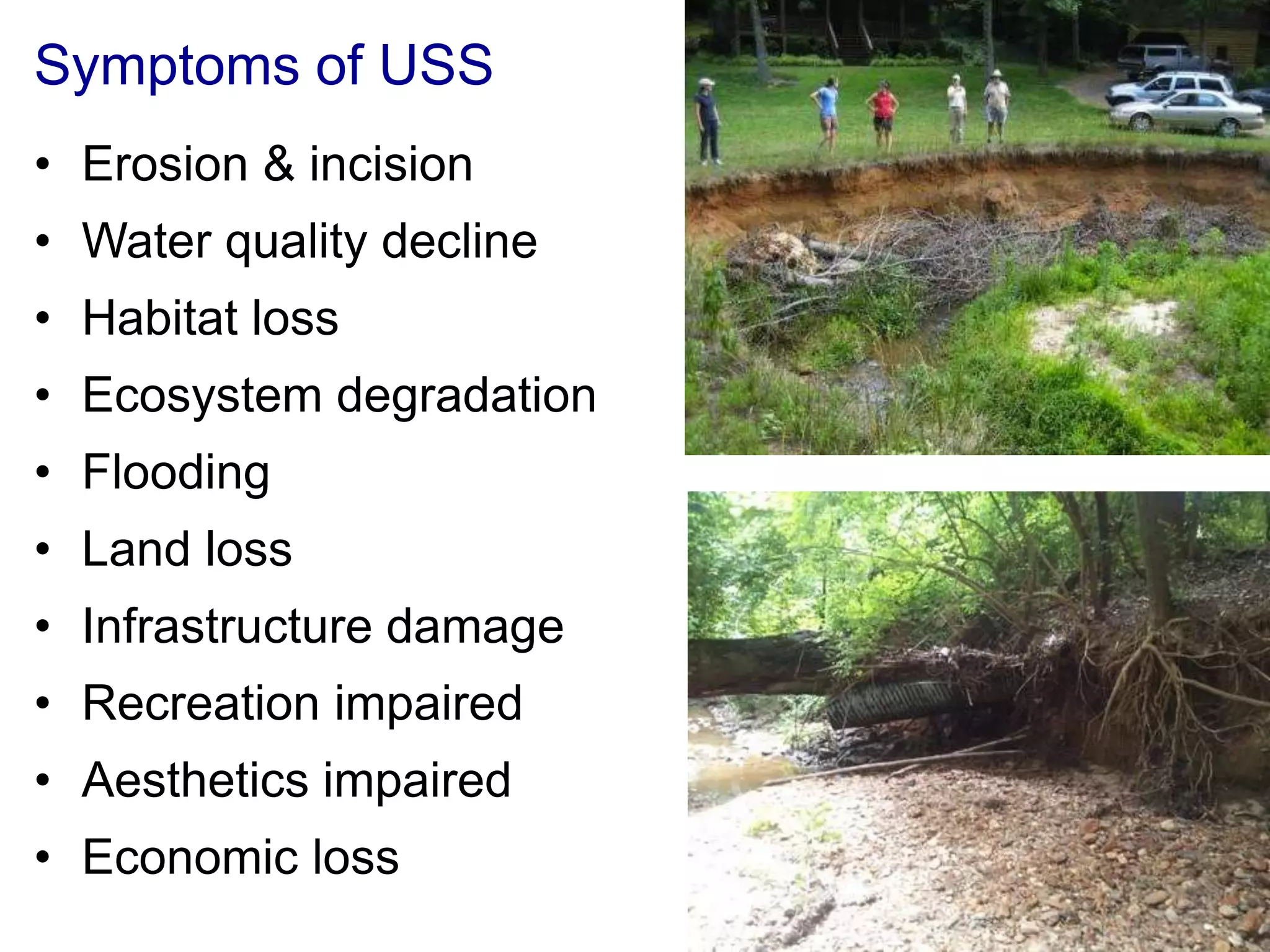 Symptoms of USS
• Erosion & incision
• Water quality decline
• Habitat loss
• Ecosystem degradation
• Flooding
• Land loss
• Infrastructure damage
• Recreation impaired
• Aesthetics impaired
• Economic loss
 