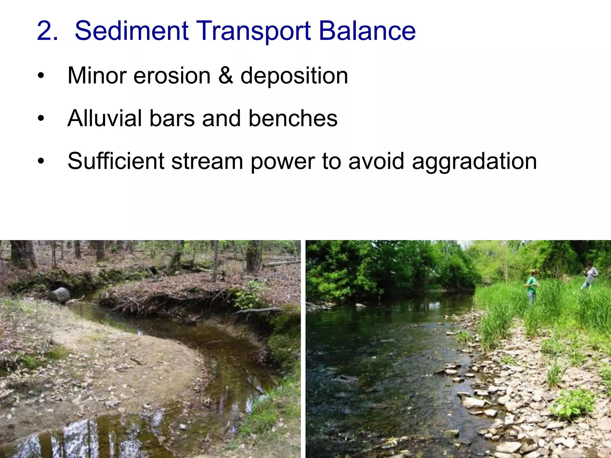 2. Sediment Transport Balance
• Minor erosion & deposition
• Alluvial bars and benches
• Sufficient stream power to avoid aggradation
 