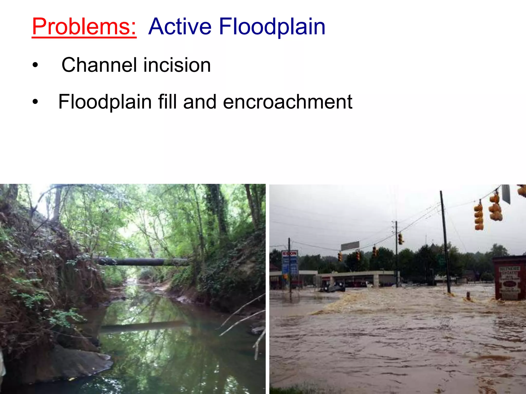 Problems: Active Floodplain
•   Channel incision
• Floodplain fill and encroachment
 