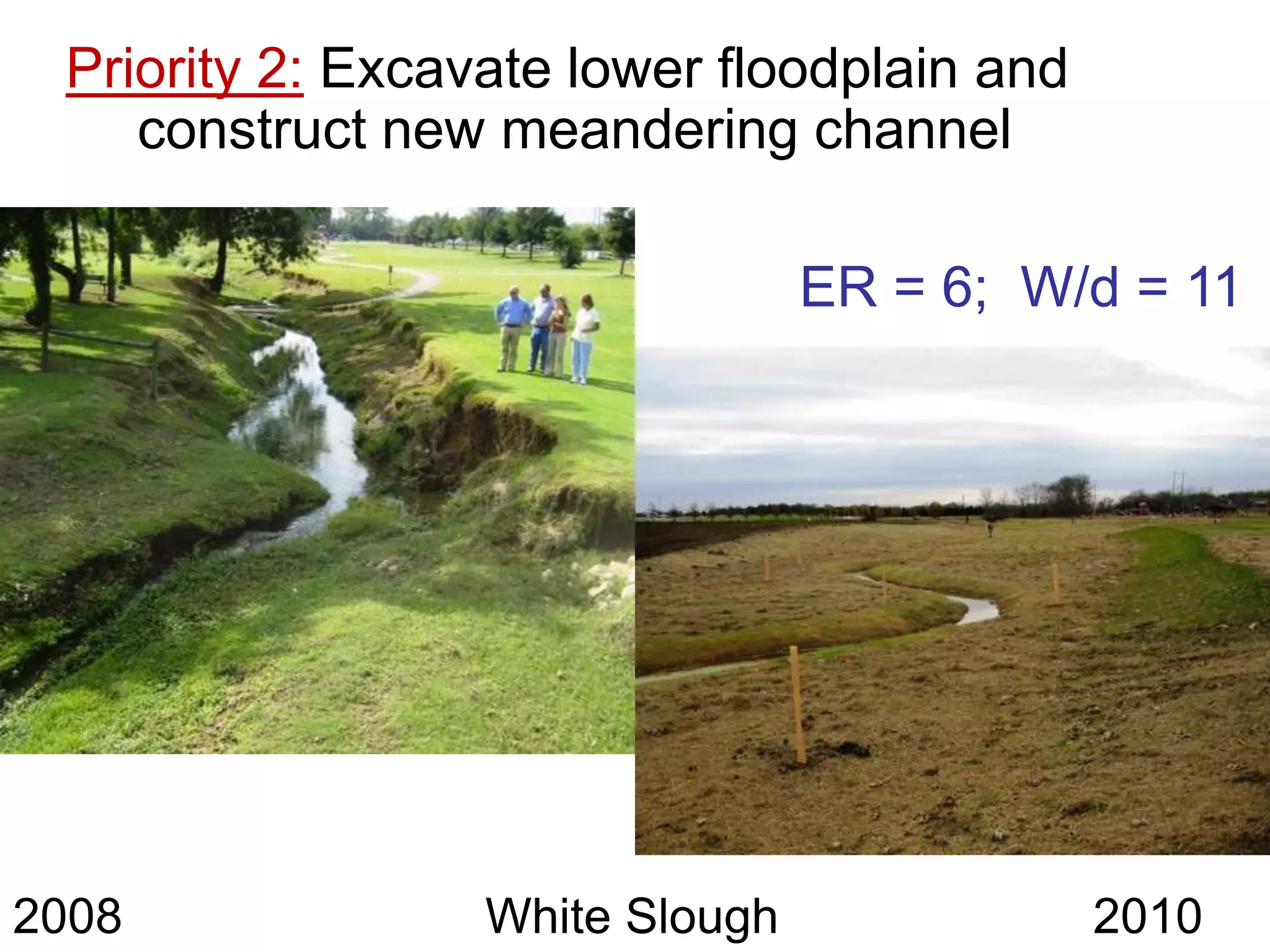 Priority 2: Excavate lower floodplain and
    construct new meandering channel

                                 ER = 6; W/d = 11




2008              White Slough               2010
 
