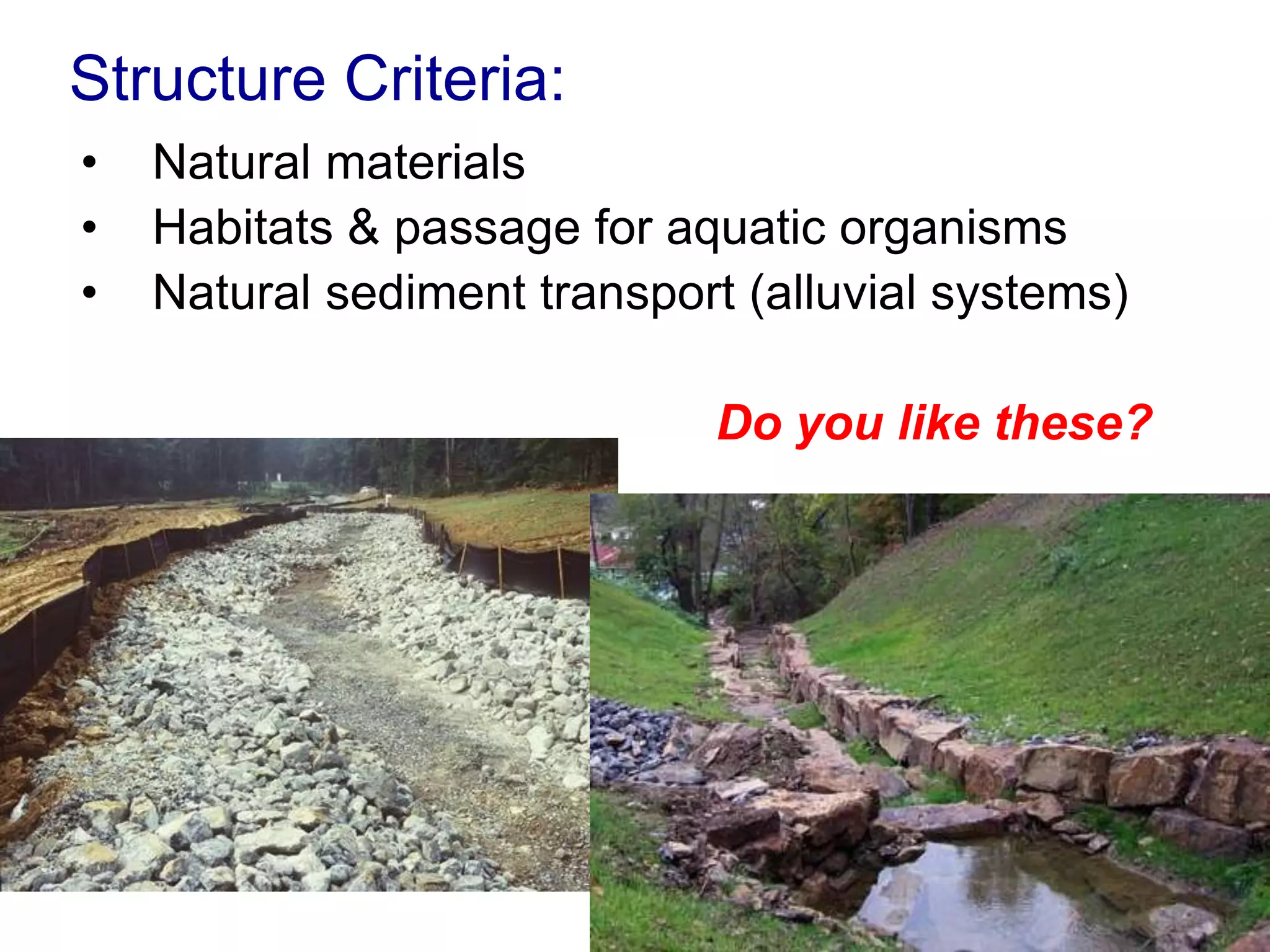 Structure Criteria:
•   Natural materials
•   Habitats & passage for aquatic organisms
•   Natural sediment transport (alluvial systems)

                             Do you like these?
 