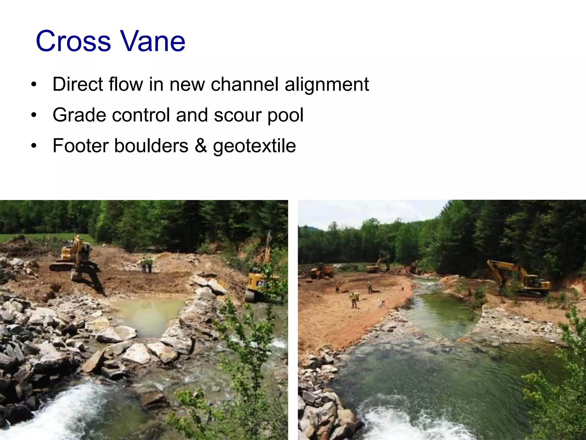 Cross Vane
• Direct flow in new channel alignment
• Grade control and scour pool
• Footer boulders & geotextile
 
