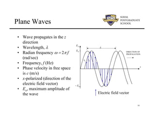 10
Plane Waves
z
1
t 2
t
x
E
DIRECTION OF
PROPAGATION
o
E
o
E
−
λ
• Wave propagates in the z
direction
• Wavelength, λ
• Radian frequency ω = 2π f
(rad/sec)
• Frequency, f (Hz)
• Phase velocity in free space
is c (m/s)
• x-polarized (direction of the
electric field vector)
• Eo, maximum amplitude of
the wave Electric field vector
 