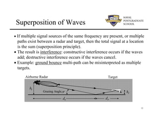 12
• If multiple signal sources of the same frequency are present, or multiple
paths exist between a radar and target, then the total signal at a location
is the sum (superposition principle).
• The result is interference: constructive interference occurs if the waves
add; destructive interference occurs if the waves cancel.
• Example: ground bounce multi-path can be misinterpreted as multiple
targets.
Superposition of Waves
t
h
r
h
r
d
t
d
Grazing Angle,ψ
Airborne Radar Target
 