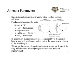 14
Antenna Parameters
• Gain is the radiation intensity relative to a lossless isotropic
reference.
• Fundamental equation for gain:
• In general, an increase in gain is accompanied by a decrease in
beamwidth, and is achieved by increasing the antenna size relative
to the wavelength.
• With regard to radar, high gain and narrow beams are desirable for
long detection and tracking ranges and accurate direction
measurement.
2
4 /
, effective area
= aperture area
efficiency (0 1)
/ , wavelength
e
e
G A
A A
A
c f
π λ
ε
ε ε
λ
=
=
= ≤ ≤
=
Low gain High gain
(Small in wavelengths) (Large in wavelengths)
ANTENNA DIRECTIONAL
RADIATION PATTERN
Aperture area
 