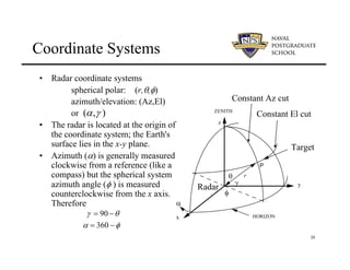 20
Coordinate Systems
• Radar coordinate systems
spherical polar: (r,θ,φ)
azimuth/elevation: (Az,El)
or
• The radar is located at the origin of
the coordinate system; the Earth's
surface lies in the x-y plane.
• Azimuth (α) is generally measured
clockwise from a reference (like a
compass) but the spherical system
azimuth angle (φ ) is measured
counterclockwise from the x axis.
Therefore
(α,γ )
α = 360 −φ
γ = 90 −θ
CONSTANT
ELEVATION
x
y
z
θ
φ
γ
ZENITH
HORIZON
P
α
r
Target
Constant El cut
Constant Az cut
Radar
 