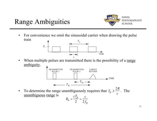 23
Range Ambiguities
• For convenience we omit the sinusoidal carrier when drawing the pulse
train
• When multiple pulses are transmitted there is the possibility of a range
ambiguity.
• To determine the range unambiguously requires that . The
unambiguous range is
TIME
τ
Po
Tp
TIME
TRANSMITTED
PULSE 1
TRANSMITTED
PULSE 2
TARGET
RETURN
TR1
TR2
Tp ≥
2R
c
Ru =
cTp
2
=
c
2 fp
 