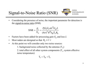 29
Signal-to-Noise Ratio (SNR)
• Considering the presence of noise, the important parameter for detection is
the signal-to-noise ratio (SNR)
• Factors have been added for processing gain Gp and loss L
• Most radars are designed so that
• At this point we will consider only two noise sources:
1. background noise collected by the antenna (TA)
2. total effect of all other system components (To, system effective
noise temperature)
2
3 4
SNR
(4 ) T
t t r p
r
o B s n
PG G G L
P
N R k B
σλ
π
= =
Ts = TA + Te
1/
n
B τ
≈
 