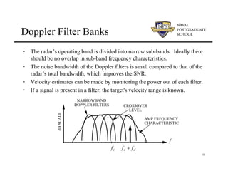 33
Doppler Filter Banks
• The radar’s operating band is divided into narrow sub-bands. Ideally there
should be no overlap in sub-band frequency characteristics.
• The noise bandwidth of the Doppler filters is small compared to that of the
radar’s total bandwidth, which improves the SNR.
• Velocity estimates can be made by monitoring the power out of each filter.
• If a signal is present in a filter, the target's velocity range is known.
fc
f
fc + fd
AMP FREQUENCY
CHARACTERISTIC
NARROWBAND
DOPPLER FILTERS CROSSOVER
LEVEL
dB
SCALE
 