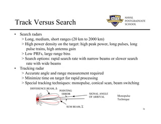36
Track Versus Search
• Search radars
> Long, medium, short ranges (20 km to 2000 km)
> High power density on the target: high peak power, long pulses, long
pulse trains, high antenna gain
> Low PRFs, large range bins
> Search options: rapid search rate with narrow beams or slower search
rate with wide beams
• Tracking radar
> Accurate angle and range measurement required
> Minimize time on target for rapid processing
> Special tracking techniques: monopulse, conical scan, beam switching
SUM BEAM, Σ
DIFFERENCE BEAM, ∆
SIGNAL ANGLE
OF ARRIVAL
POINTING
ERROR
SUM BEAM, Σ
DIFFERENCE BEAM, ∆
SIGNAL ANGLE
OF ARRIVAL
POINTING
ERROR
Monopulse
Technique
 