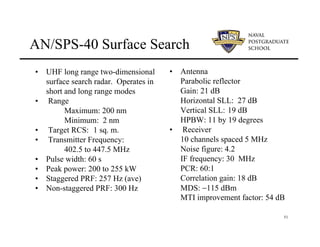 51
AN/SPS-40 Surface Search
• UHF long range two-dimensional
surface search radar. Operates in
short and long range modes
• Range
Maximum: 200 nm
Minimum: 2 nm
• Target RCS: 1 sq. m.
• Transmitter Frequency:
402.5 to 447.5 MHz
• Pulse width: 60 s
• Peak power: 200 to 255 kW
• Staggered PRF: 257 Hz (ave)
• Non-staggered PRF: 300 Hz
• Antenna
Parabolic reflector
Gain: 21 dB
Horizontal SLL: 27 dB
Vertical SLL: 19 dB
HPBW: 11 by 19 degrees
• Receiver
10 channels spaced 5 MHz
Noise figure: 4.2
IF frequency: 30 MHz
PCR: 60:1
Correlation gain: 18 dB
MDS: −115 dBm
MTI improvement factor: 54 dB
 