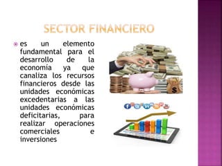  es un elemento
fundamental para el
desarrollo de la
economía ya que
canaliza los recursos
financieros desde las
unidades económicas
excedentarias a las
unidades económicas
deficitarias, para
realizar operaciones
comerciales e
inversiones
 