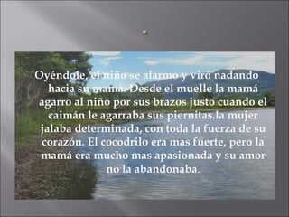Oyéndole, el niño se alarmo y viró nadando hacia su mamá. Desde el muelle la mamá agarro al niño por sus brazos justo cuando el caimán le agarraba sus piernitas.la mujer jalaba determinada, con toda la fuerza de su corazón. El cocodrilo era mas fuerte, pero la mamá era mucho mas apasionada y su amor no la abandonaba . 