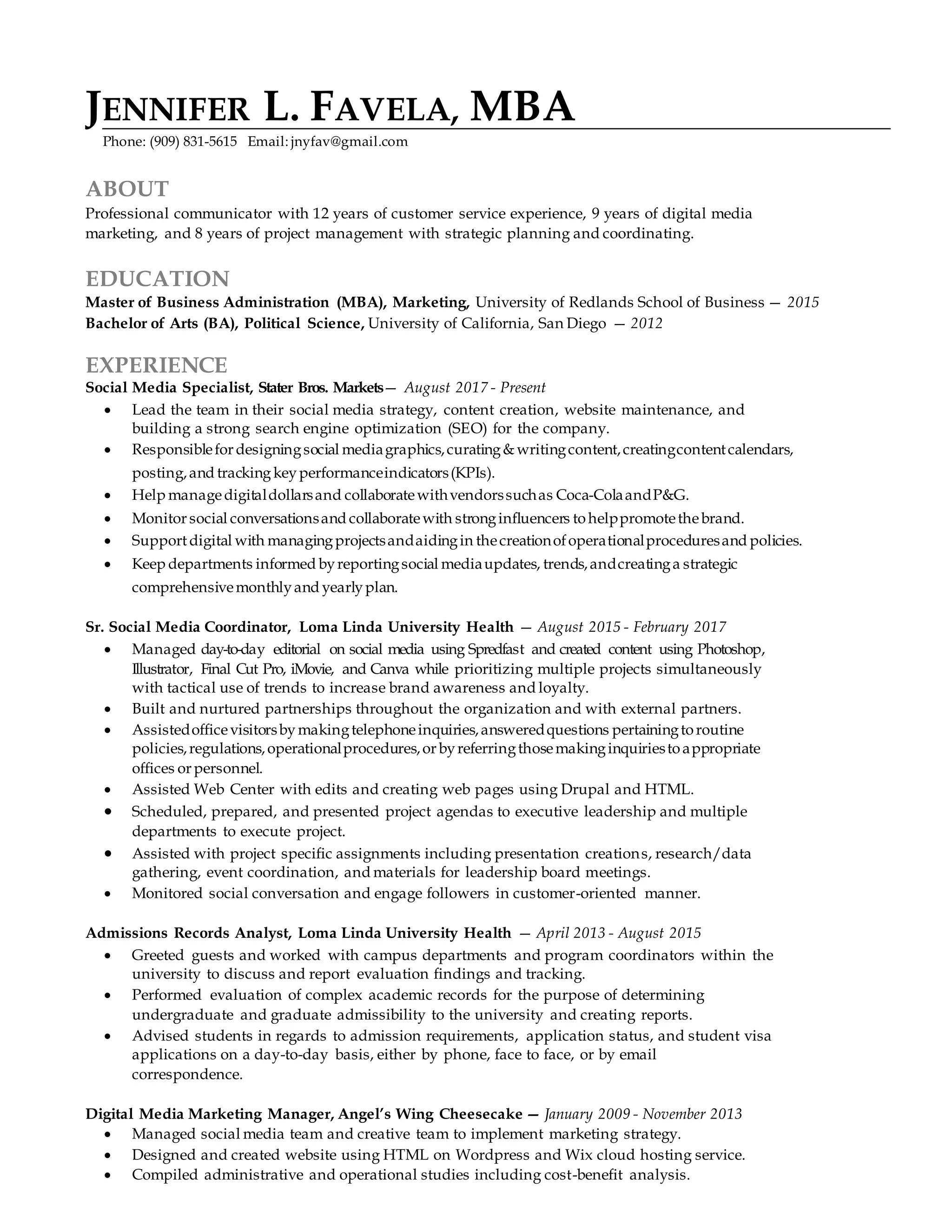 Jenny Favela Digital Media Marketing Resume | DOCX