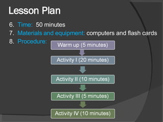Lesson Plan 6.  Time:  50 minutes 7.  Materials and equipment:  computers and flash cards 8.  Procedure: 