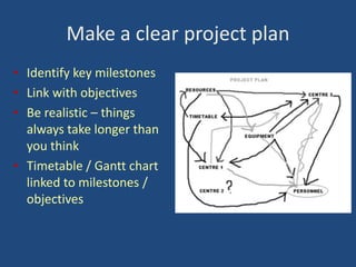 Make a clear project plan
• Identify key milestones
• Link with objectives
• Be realistic – things
always take longer than
you think
• Timetable / Gantt chart
linked to milestones /
objectives

 