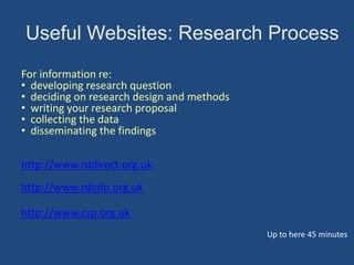 Useful Websites: Research Process
For information re:
• developing research question
• deciding on research design and methods
• writing your research proposal
• collecting the data
• disseminating the findings
http://www.rddirect.org.uk
http://www.rdinfo.org.uk

http://www.csp.org.uk
Up to here 45 minutes

 