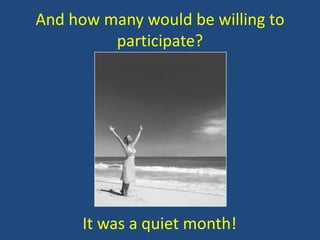 And how many would be willing to
participate?

It was a quiet month!

 