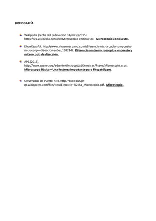 BIBLIOGRAFÍA
Wikipedia (Fecha del publicación 31/mayo/2015).
https://es.wikipedia.org/wiki/Microscopio_compuesto. Microscopio compuesto.
EhowEspañol. http://www.ehowenespanol.com/diferencia-microscopio-compuesto-
microscopio-diseccion-sobre_168214/. Diferencias entre microscopio compuesto y
microscopio de disección.
APS.(2015).
http://www.apsnet.org/edcenter/intropp/LabExercises/Pages/Microscopio.aspx.
Microscopía Básica—Una Destreza Importante para Fitopatólogos.
Universidad de Puerto Rico. http://biol3410upr-
rp.wikispaces.com/file/view/Ejercicio+%234a_Microscopio.pdf. Microscopio.
 