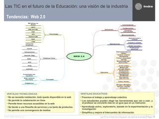 Tendencias:  Web 2.0 Las TIC en el futuro de la Educación: una visión de la industria VENTAJAS TECNOLOGICAS:   No se necesita instalación, todo queda disponible en la web Se permite la colaboración en línea Permite tener recursos accesibles en la web Se tiende a una filosofía de servicios y no tanto de productos Se permite una convergencia de medios VENTAJAS EDUCATIVAS: Favorece el trabajo  y aprendizaje colectivo Los estudiantes pueden elegir las herramientas que van a usar, y el profesor se convierte más en un guía que en un instructor. Aprendizaje activo, exploratorio, basado en la experimentación y la investigación  Simplifica y mejora el Intercambio de información  