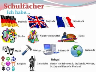 Deutsch            Englisch                Französisch




  Mathe         Naturwissenshaften                 Kunst




Musik       Worken              Informatik                 Erdkunde


                          Beispel
 Religion     Geschichte Heute, ich habe Musik, Erdkunde, Worken,
                         Mathe und Deutsch. Und du?
 