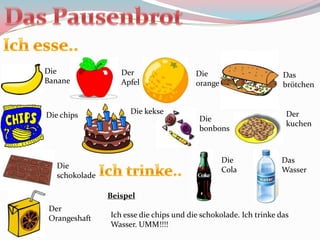 Die                Der                   Die                       Das
Banane             Apfel                 orange                    brötchen


Die chips            Die kekse                                      Der
                                          Die
                                                                    kuchen
                                          bonbons


                                                  Die             Das
   Die                                            Cola            Wasser
   schokolade

                Beispel
Der
Orangeshaft     Ich esse die chips und die schokolade. Ich trinke das
                Wasser. UMM!!!!
 