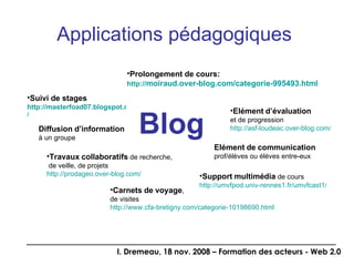 Applications pédagogiques   Blog Prolongement de cours:  http:// moiraud.over-blog.com /categorie-995493.html Support   multimédia  de cours http://umvfpod.univ-rennes1.fr/umvfcast1 / Diffusion   d’information   à un groupe Suivi de stages http://masterfoad07.blogspot.com / Carnets   de   voyage ,  de visites http://www.cfa-bretigny.com/categorie-10198690.html Travaux   collaboratifs  de recherche,  de veille, de projets http:// prodageo.over-blog.com / Elément   d’évaluation   et de progression http://asf-loudeac.over-blog.com / Elément   de   communication   prof/élèves ou élèves entre-eux 