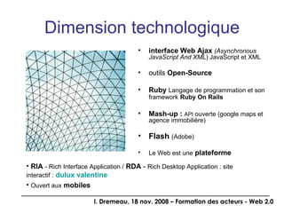 interface Web Ajax   (Asynchronous JavaScript And XML ) JavaScript et XML  outils  Open-Source Ruby   Langage de programmation et son framework   Ruby On Rails   Mash-up :   API  ouverte (google maps et agence immobilière) Flash   (Adobe) Le Web est une   plateforme Dimension technologique RIA   - Rich Interface Application /   RDA  -  Rich Desktop Application : site interactif :   dulux  valentine Ouvert aux   mobiles 