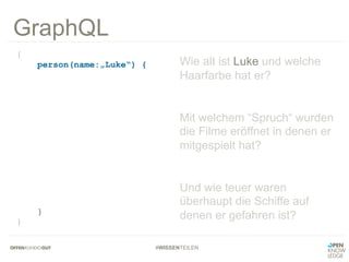 #WISSENTEILEN
GraphQL
Wie alt ist Luke und welche
Haarfarbe hat er?
Mit welchem “Spruch“ wurden
die Filme eröffnet in denen er
mitgespielt hat?
Und wie teuer waren
überhaupt die Schiffe auf
denen er gefahren ist?
{
person(name:„Luke“) {
haircolor,
age
films {
name,
openiningCrawl
}
starships {
name,
price
}
}
}
 
