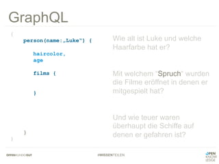 #WISSENTEILEN
GraphQL
Wie alt ist Luke und welche
Haarfarbe hat er?
Mit welchem “Spruch“ wurden
die Filme eröffnet in denen er
mitgespielt hat?
Und wie teuer waren
überhaupt die Schiffe auf
denen er gefahren ist?
{
person(name:„Luke“) {
haircolor,
age
films {
name,
openiningCrawl
}
starships {
name,
price
}
}
}
 