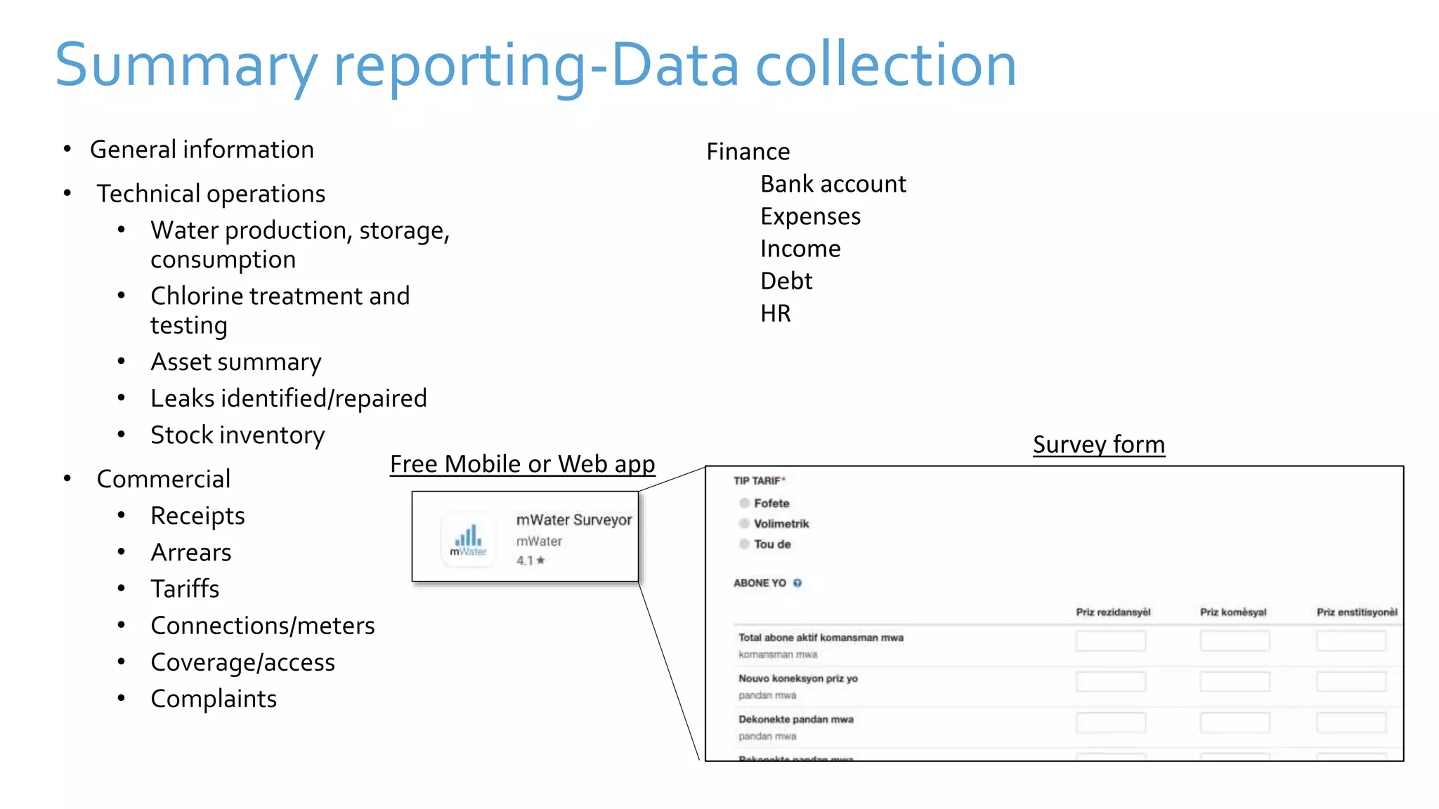 Summary reporting-Data collection
• General information
• Technical operations
• Water production, storage,
consumption
• Chlorine treatment and
testing
• Asset summary
• Leaks identified/repaired
• Stock inventory
• Commercial
• Receipts
• Arrears
• Tariffs
• Connections/meters
• Coverage/access
• Complaints
Free Mobile or Web app
Survey form
Finance
Bank account
Expenses
Income
Debt
HR
 