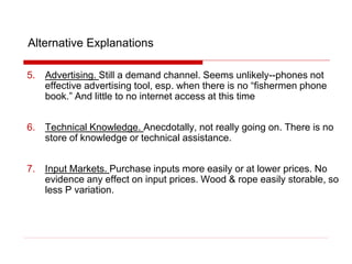 Alternative Explanations
5. Advertising. Still a demand channel. Seems unlikely--phones not
effective advertising tool, esp. when there is no “fishermen phone
book.” And little to no internet access at this time
6. Technical Knowledge. Anecdotally, not really going on. There is no
store of knowledge or technical assistance.
7. Input Markets. Purchase inputs more easily or at lower prices. No
evidence any effect on input prices. Wood & rope easily storable, so
less P variation.
 