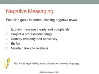 Negative Messaging
Establish goals in communicating negative news.
1. Explain message clearly and completely
2. Project a professional image
3. Convey empathy and sensitivity
4. Be fair
5. Maintain friendly relations
(Guffey & Loewy, 2011)
Tip: Avoid legal liability. Avoid abusive or careless language,
 