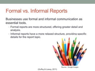 Formal vs. Informal Reports
Businesses use formal and informal communication as
essential tools.
• Formal reports are more structured, offering greater detail and
analysis.
• Informal reports have a more relaxed structure, providing specific
details for the report topic.
(Guffey & Loewy, 2011)
Source: Google Images
 