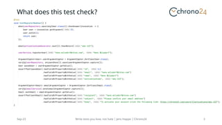 What does this test check?
Sep-23 Write tests you love, not hate | Jens Happe | Chrono24 3
 
