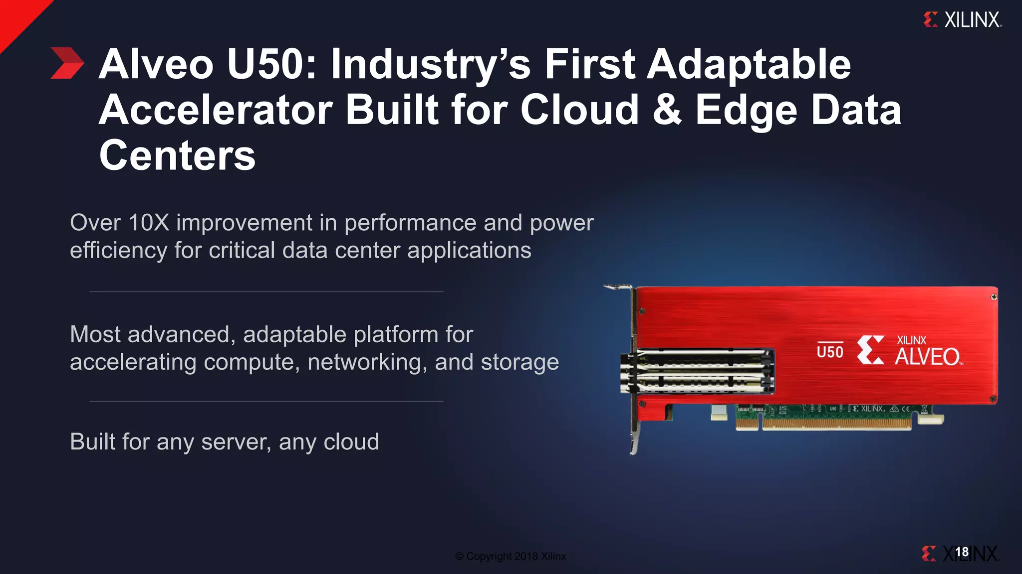 © Copyright 2018 Xilinx
Over 10X improvement in performance and power
efficiency for critical data center applications
Most advanced, adaptable platform for
accelerating compute, networking, and storage
Built for any server, any cloud
Alveo U50: Industry’s First Adaptable
Accelerator Built for Cloud & Edge Data
Centers
18
 