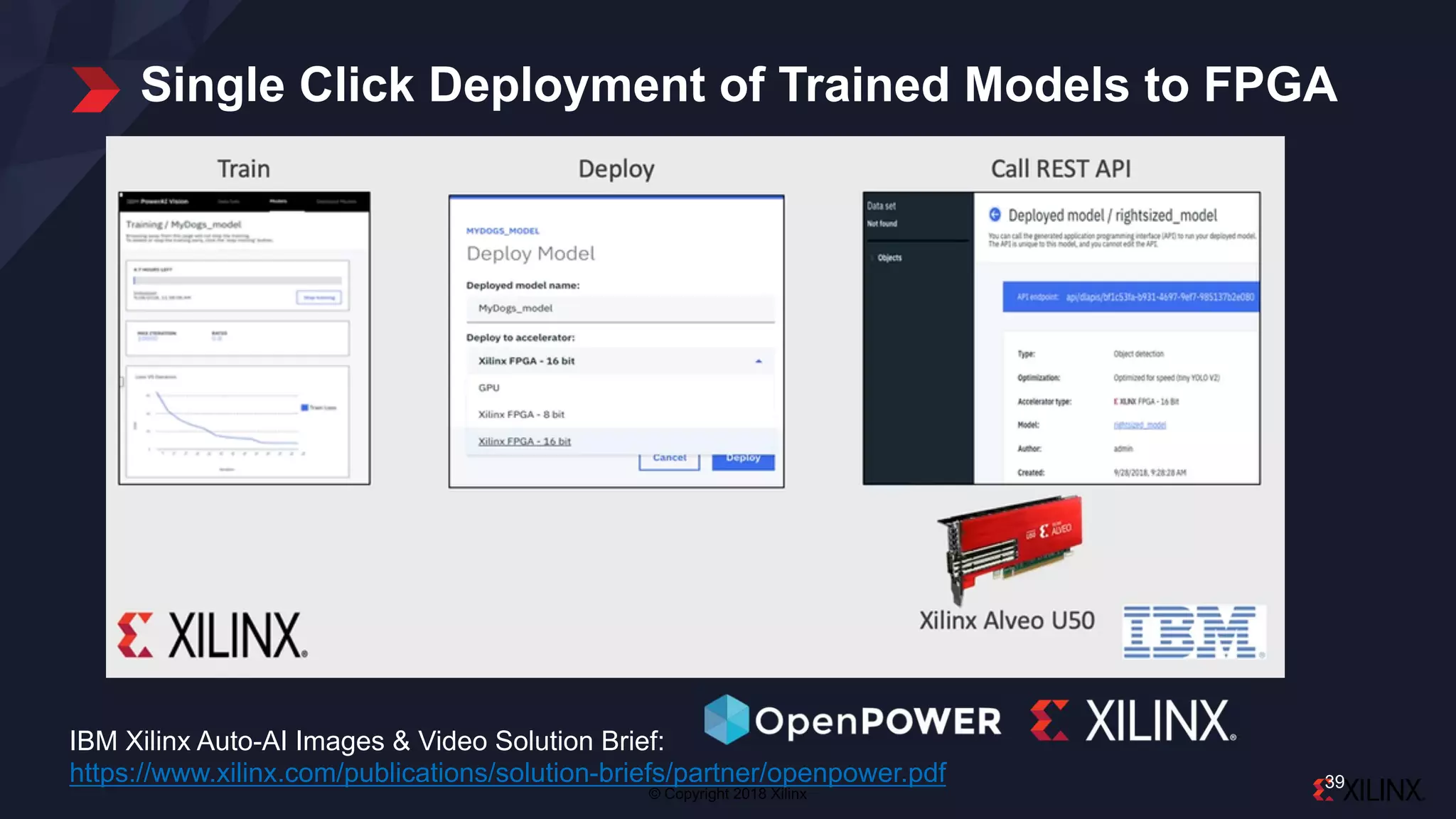 © Copyright 2018 Xilinx
Single Click Deployment of Trained Models to FPGA
39
IBM Xilinx Auto-AI Images & Video Solution Brief:
https://www.xilinx.com/publications/solution-briefs/partner/openpower.pdf
 