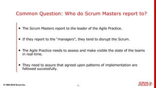 © 1993-2018 Scrum Inc.
Common Question: Who do Scrum Masters report to?
• The Scrum Masters report to the leader of the Agile Practice.
• If they report to the “managers”, they tend to disrupt the Scrum.
• The Agile Practice needs to assess and make visible the state of the teams
in real-time.
• They need to assure that agreed upon patterns of implementation are
followed successfully.
15
 