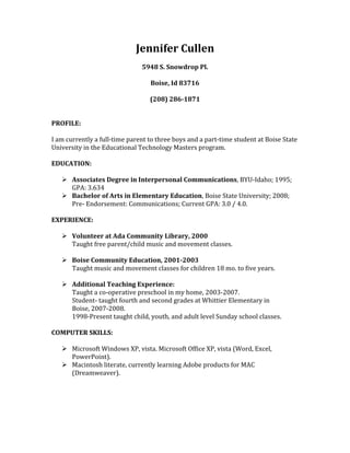 Jennifer Cullen's Resume