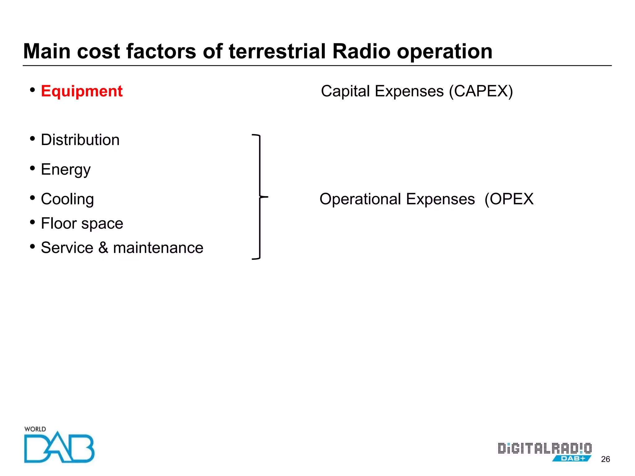 26
• Equipment Capital Expenses (CAPEX)
• Distribution
• Energy
• Cooling Operational Expenses (OPEX
• Floor space
• Service & maintenance
Main cost factors of terrestrial Radio operation
 