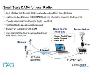 16
• Cost effective Soft Defined DAB+ solution based on Open Code Software
• Implemented on Standard PC for DAB Head-End (Audio live encoding, Multiplexing)
• IP audio streaming from Studio to DAB+ Head-End
• First local Radio operating in Switzerland
• Trials in UK initiated from OFCOM
• www.opendigitalradio.org , www.wiki.digris.ch
www.mmbtools.crc.ca
Small Scale DAB+ for local Radio
Laptop
• Stream Audio Player
• Audio Encoder
• DAB+ MUX
DAB Tx
Transmission
Studios
IP DAB+ (EDI)
Open Source
Head-End
IP Audio
(streamed)
Internet
Filter
 