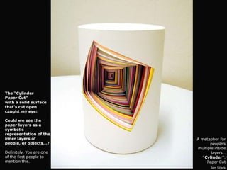 The “Cylinder
Paper Cut”
with a solid surface
that’s cut open
caught my eye:

Could we see the
paper layers as a
symbolic
representation of the
inner layers of           A metaphor for
people, or objects…?            people’s
                          multiple inside
Definitely. You are one          layers…
of the first people to       “Cylinder”:
mention this.                  Paper Cut
                                 Jen Stark
 