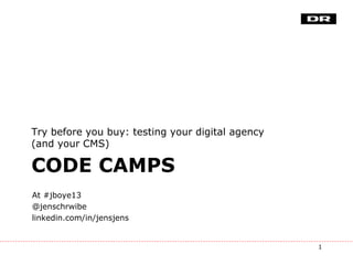 Try before you buy: testing your digital agency
(and your CMS)

CODE CAMPS
At #jboye13
@jenschrwibe
linkedin.com/in/jensjens

1

 