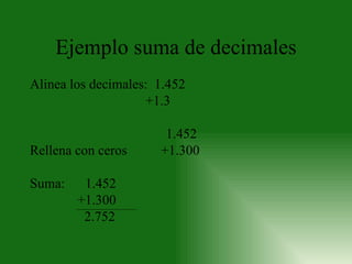Ejemplo suma de decimales <ul><li>Alinea los decimales:  1.452 </li></ul><ul><li>   +1.3  </li></ul><ul><li>  </li></ul><u...