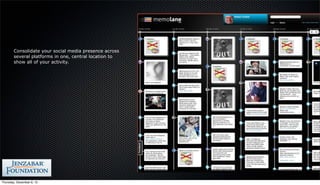 Consolidate your social media presence across
        several platforms in one, central location to
        show all of your activity.




Thursday, December 6, 12
 