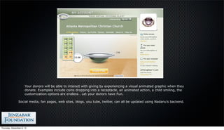 Your donors will be able to interact with giving by experiencing a visual animated graphic when they
                      donate. Examples include coins dropping into a receptacle, an animated action, a child smiling, the
                      customization options are endless . Let your donors have Fun.

                Social media, fan pages, web sites, blogs, you tube, twitter, can all be updated using Nadanu’s backend.




Thursday, December 6, 12
 